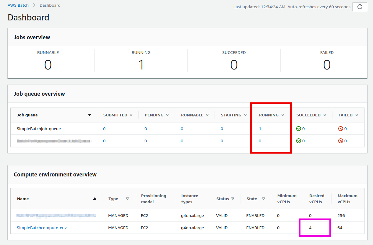 AWS Batch でジョブが実行されている様子